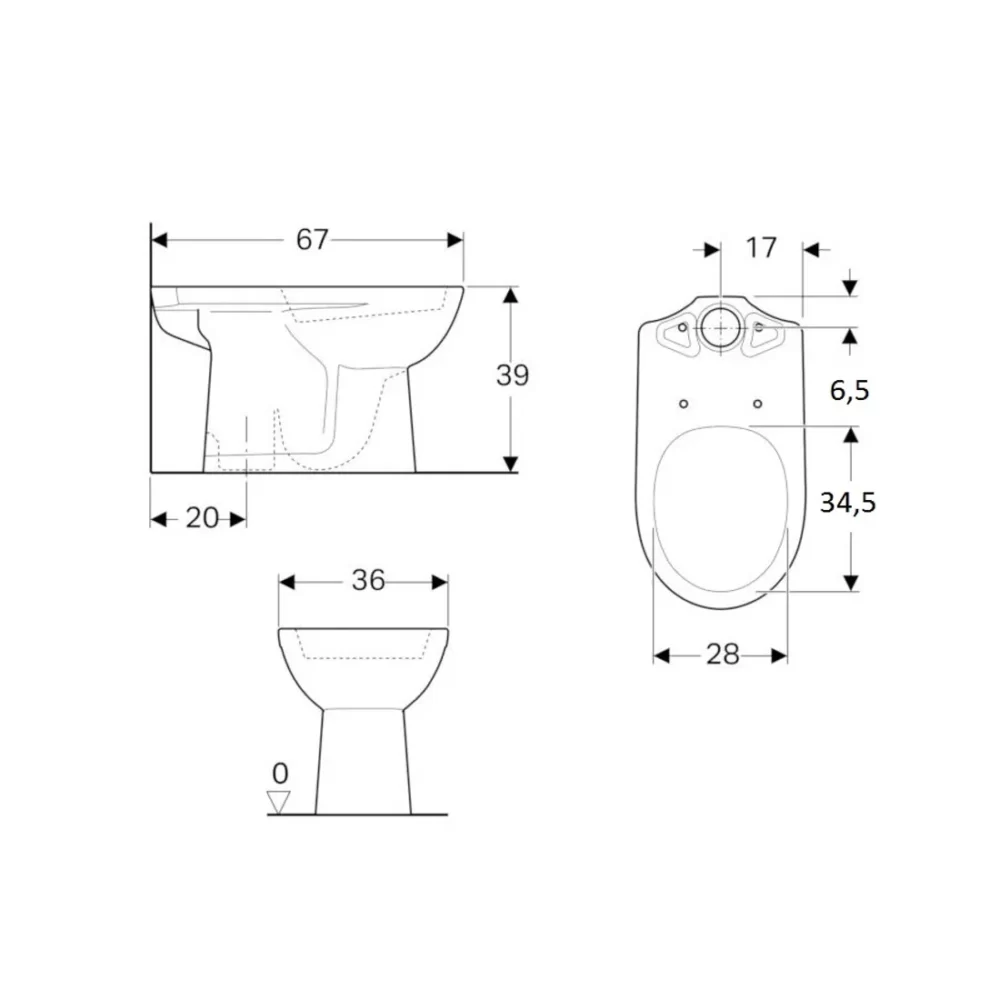 Geberit Selnova podna wc šolja za monoblok, vertikalni odvod tehnicki crtez