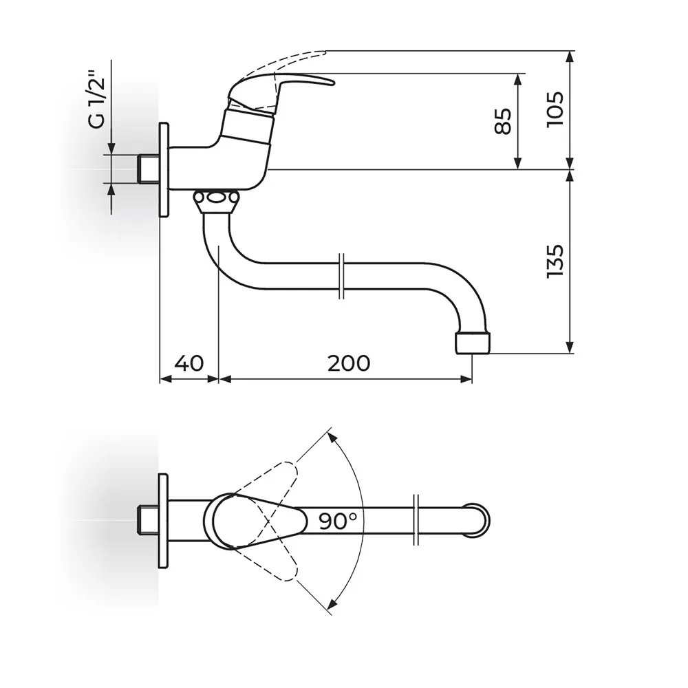 Rosan Perla jednoručna baterija za hladnu vodu izliv 200mm tehnicki crtez