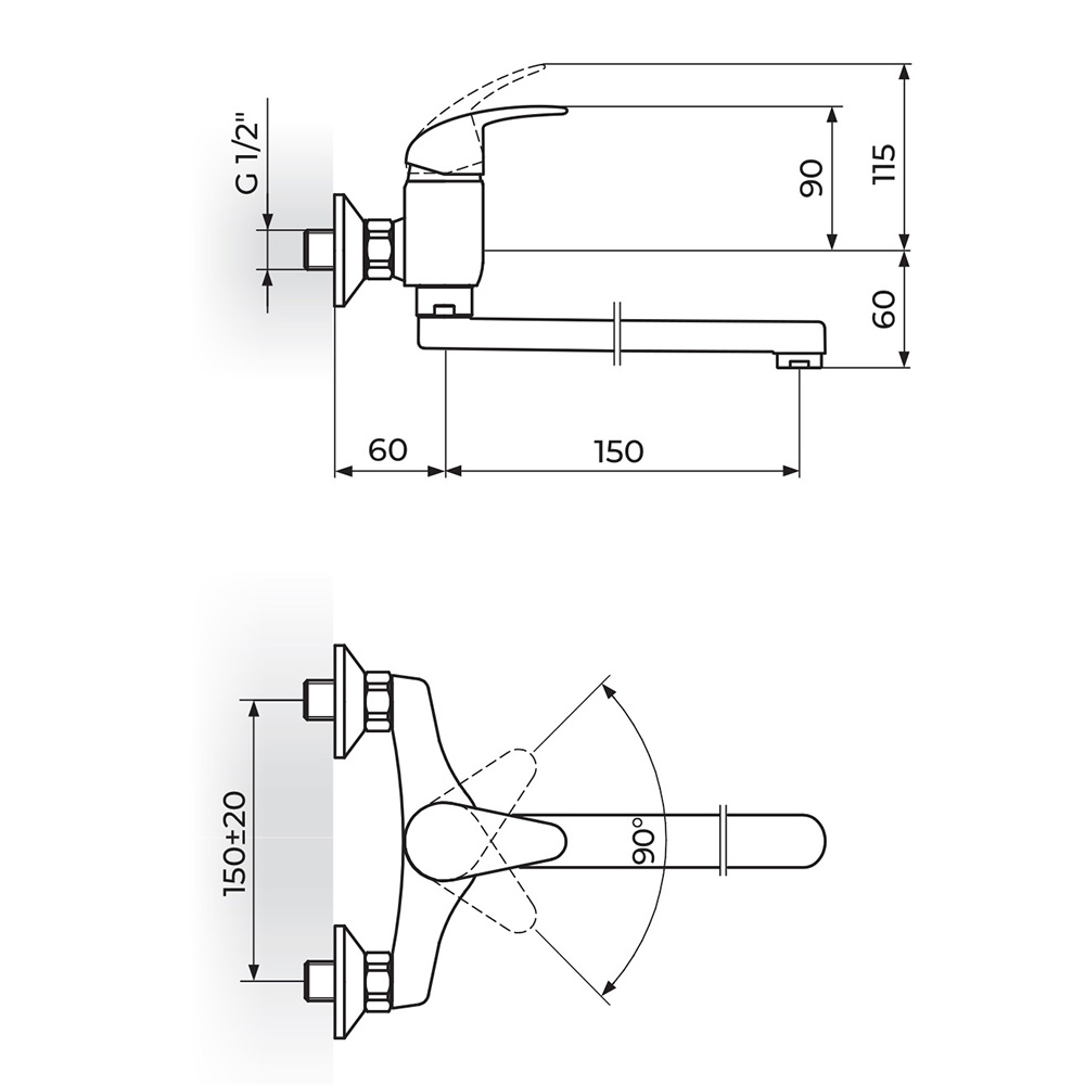Rosan Perla uzidna baterija za sudoperu - lavabo izliv 150mm tehnicki crtez