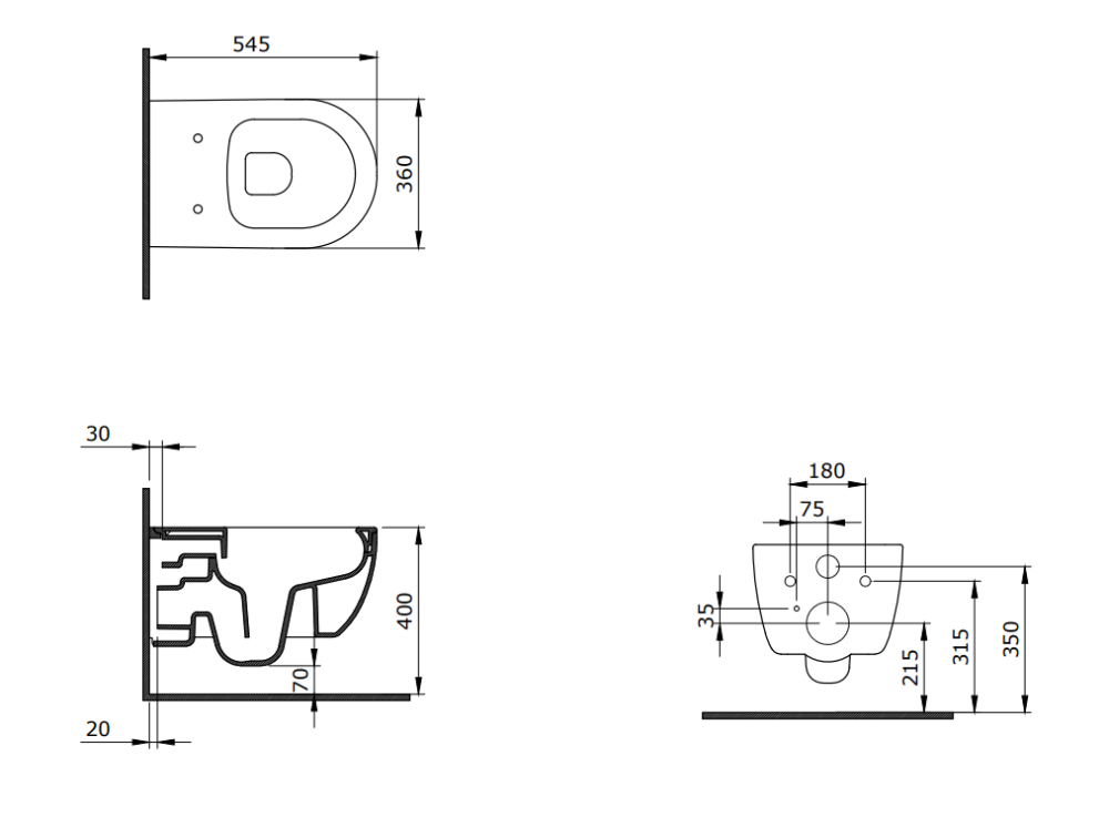 Bocchi V-Tondo Rimless konzolna wc šolja crna tehnicki crtez