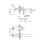 Grohe Eurosmart Cosmopolitan baterija za umivaonik, 2 otvora S-Size tehnicki crtez