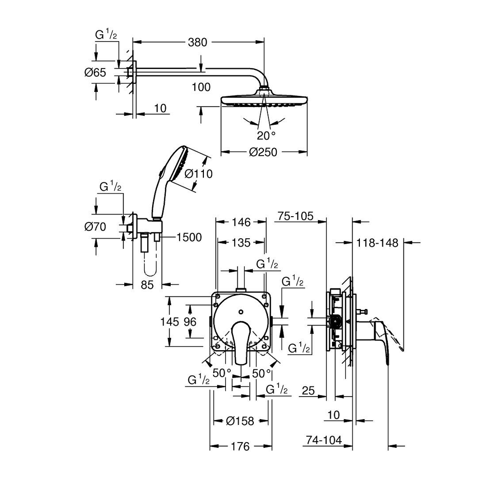 Grohe Eurosmart ugradni tuš set sa Tempestom 250 tehnicki crtez