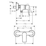 Hansgrohe Metris slavina za tuš kadu tehnicki crtez