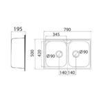 Metalac Aurora 2D dvodelna inox sudopera Ø90 tehnicki crtez