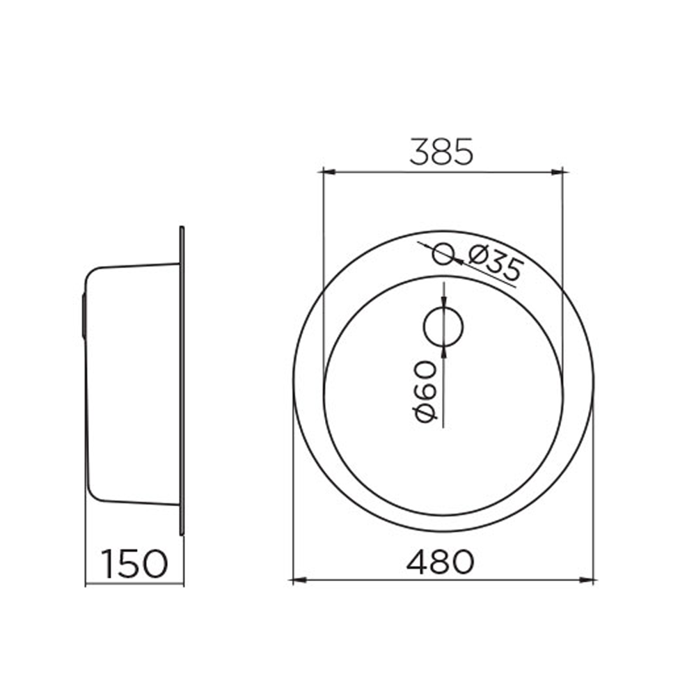 Metalac Venera 480 okrugla inox sudopera Ø60 sa otvorom za bateriju tehnicki crtez Metalac Venera 480 okrugla inox sudopera Ø60 sa otvorom za bateriju tehnicki crtez