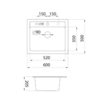 Metalac xQuadro 60 granitna sudopera Ø90 tehnicki crtez