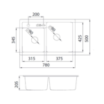 Metalac xQuadro Plus 2D granitna sudopera sa sifonom Ø90 tehnicki crtez