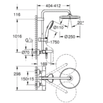 Grohe Tempesta System 250 termostatska baterija sa usponskim tušem tehnicki crtez