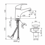 Rosan King baterija za lavabo+ odlivni ventil klik - klak tehnicki crtez