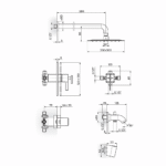 Rosan Thermo S2 ugradna baterija za tuš kadu sa zidnim i ručnim tušem tehnicki crtez