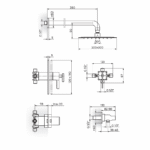 Rosan Thermo S2 ugradna baterija za tuš kadu sa zidnim i ručnim tušem tehnicki crtez
