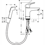 Hansgrohe Focus slavina za umivaonik sa bide tušem i crevom za tuš Chrome 31927000 tehnicki crtez
