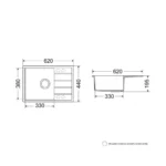 Milo Metro granitna sudopera 62x44 Lava stone sa sifonom MET.L.1KKO - tehnički crtež
